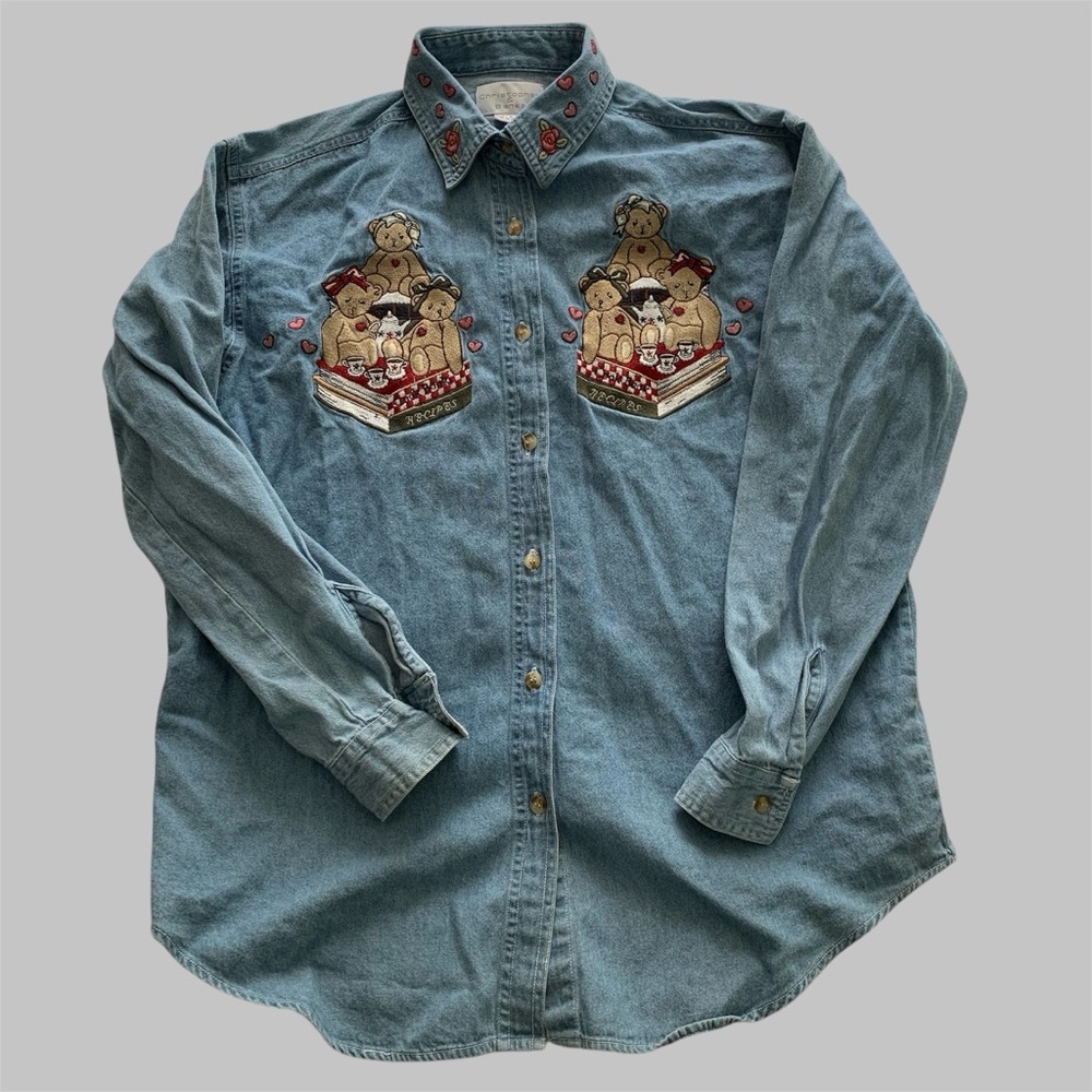 Vintage Denim Button-up shirt with Bear and Heart Embroidery Size Small